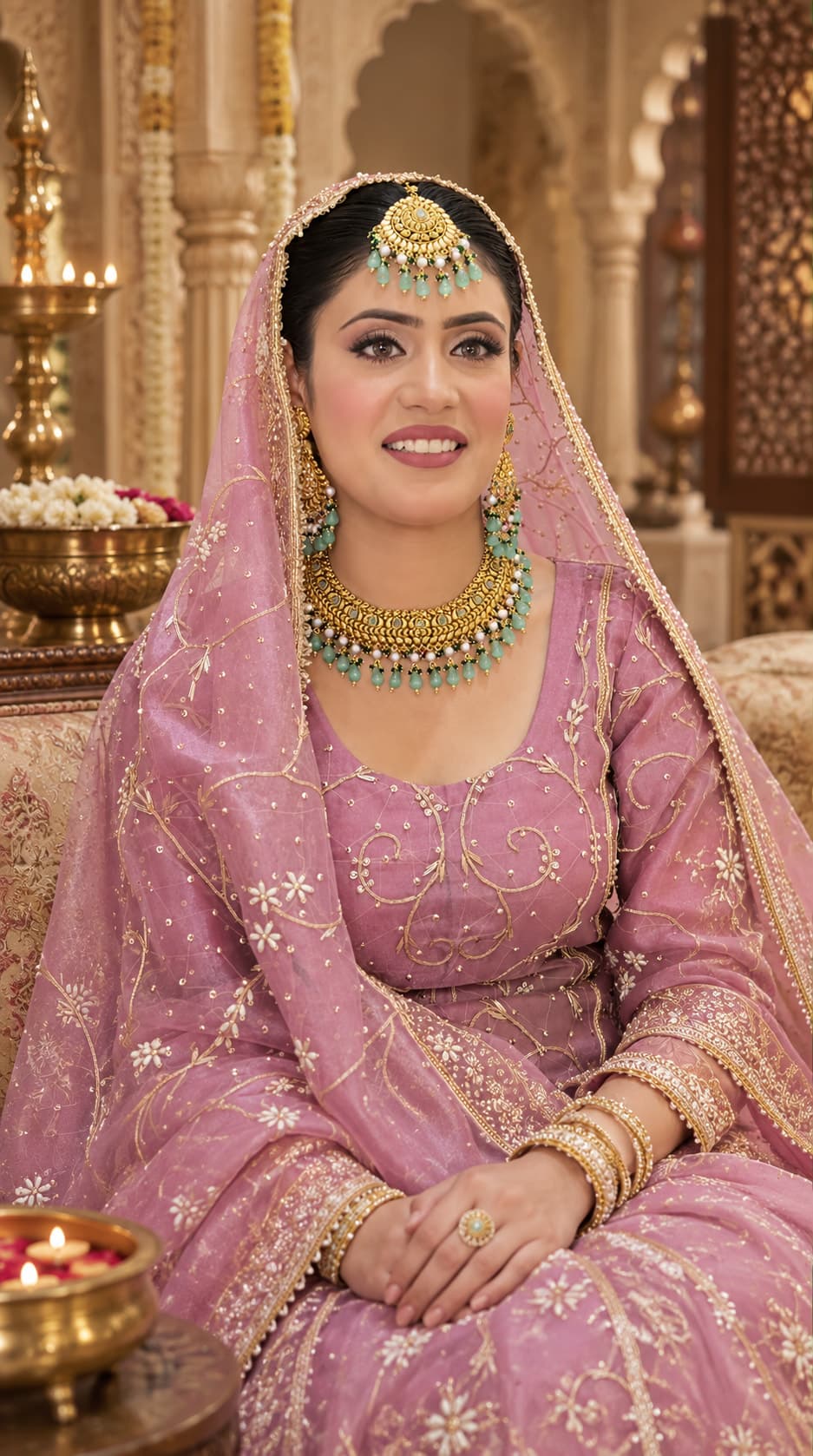 Bride in a pink and gold dupatta with kundan jewellery and soft glam makeup