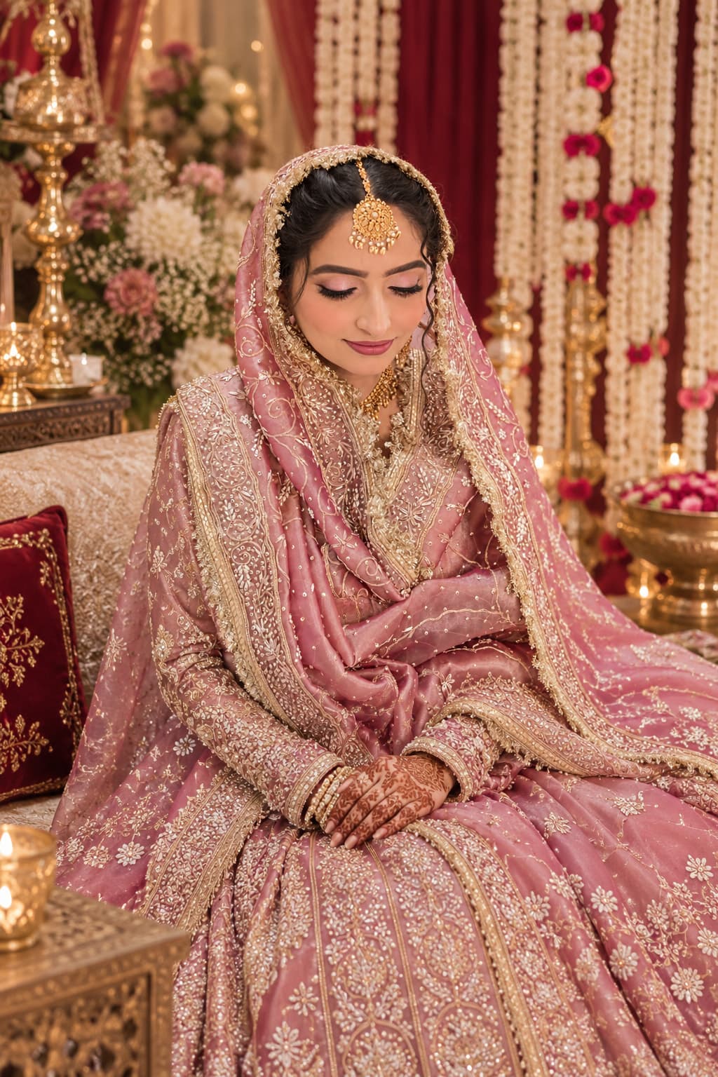 Bride in a rose-gold lehenga with mehndi and a soft pink eye look