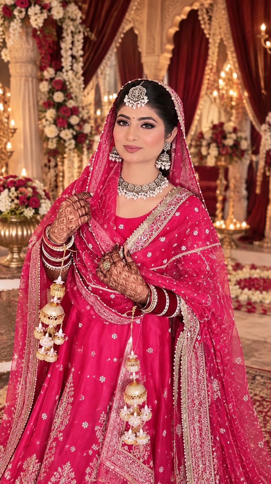 Bride in a red lehenga with kaleere, mehndi and classic bridal makeup