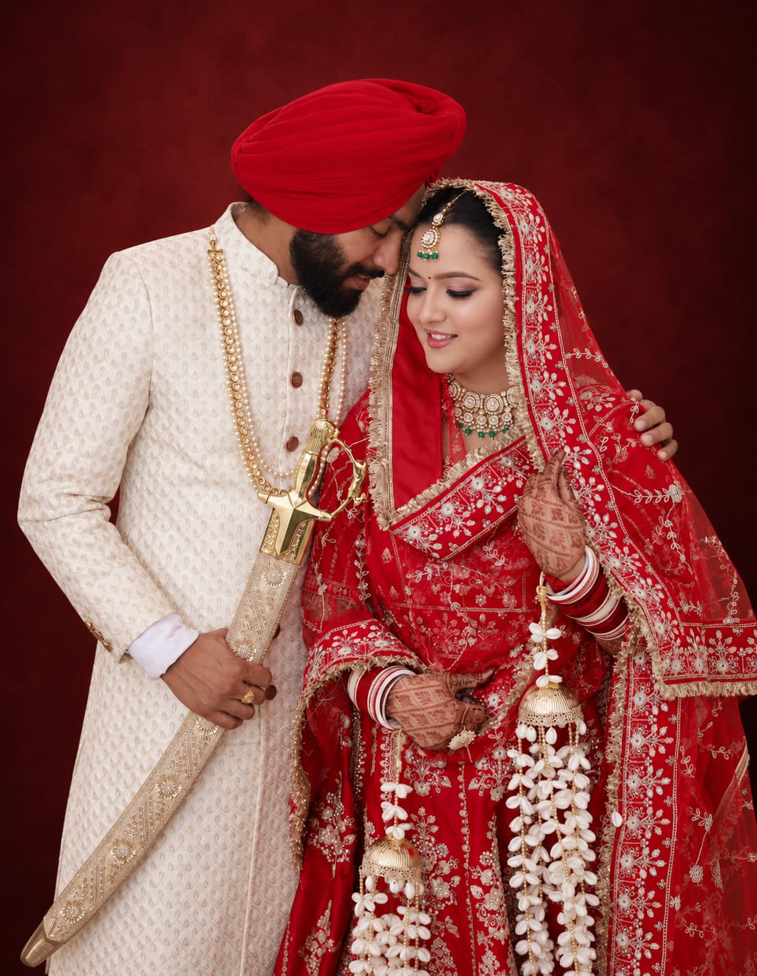 Sikh couple in traditional red and ivory wedding attire after their makeover